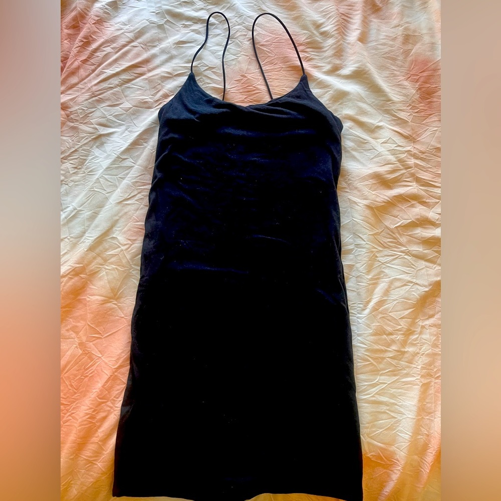 MRATA. little black cotton dress with spaghettini string straps size small
